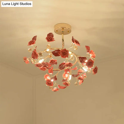 DecorBites™ DecorBites™ Contemporary K9 Crystal Red Semi Flush Light with Elegant Rose and Leaf Spiral Design and 7 Lights