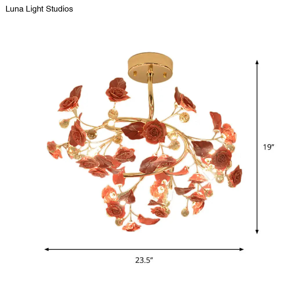 DecorBites™ DecorBites™ Contemporary K9 Crystal Red Semi Flush Light with Elegant Rose and Leaf Spiral Design and 7 Lights