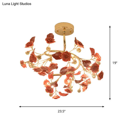 DecorBites™ DecorBites™ Contemporary K9 Crystal Red Semi Flush Light with Elegant Rose and Leaf Spiral Design and 7 Lights
