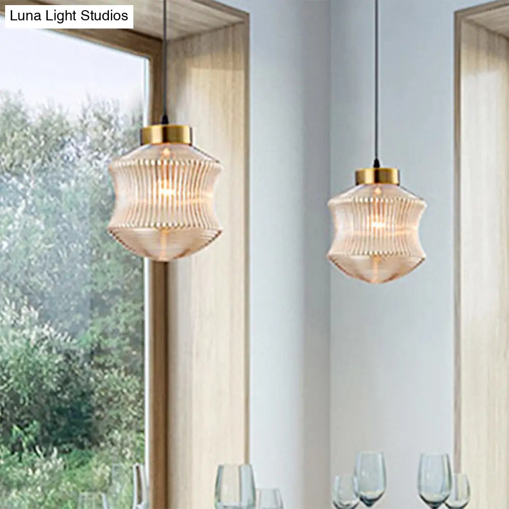 Contemporary Lantern Pendant Light with Prismatic Glass - Amber/Smoke Gray, Gold Finish