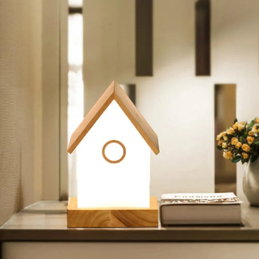 Lámpara de mesilla LED contemporánea color beige - Forma de casita de madera - Lámpara de noche