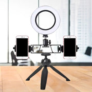 Contemporary led black tripod design ring light with dual phone holders for streaming 220v-240v 110v-120v use