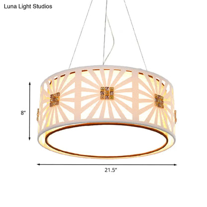 Contemporary LED Drum Pendant with Metal Frame - White & Fabric Shade, 18"/21.5" Wide