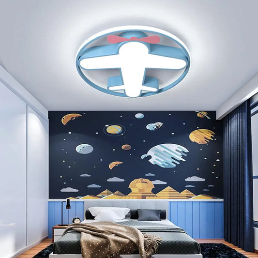 Lámpara de techo LED contemporánea DecorBites™ con diseño de avión azul acrílico, luz blanca cálida, ideal para niños.