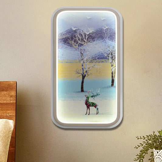Contemporary LED Metal Wall Lamp: Yellow & Blue Rectangle with Elk & Tree Pattern