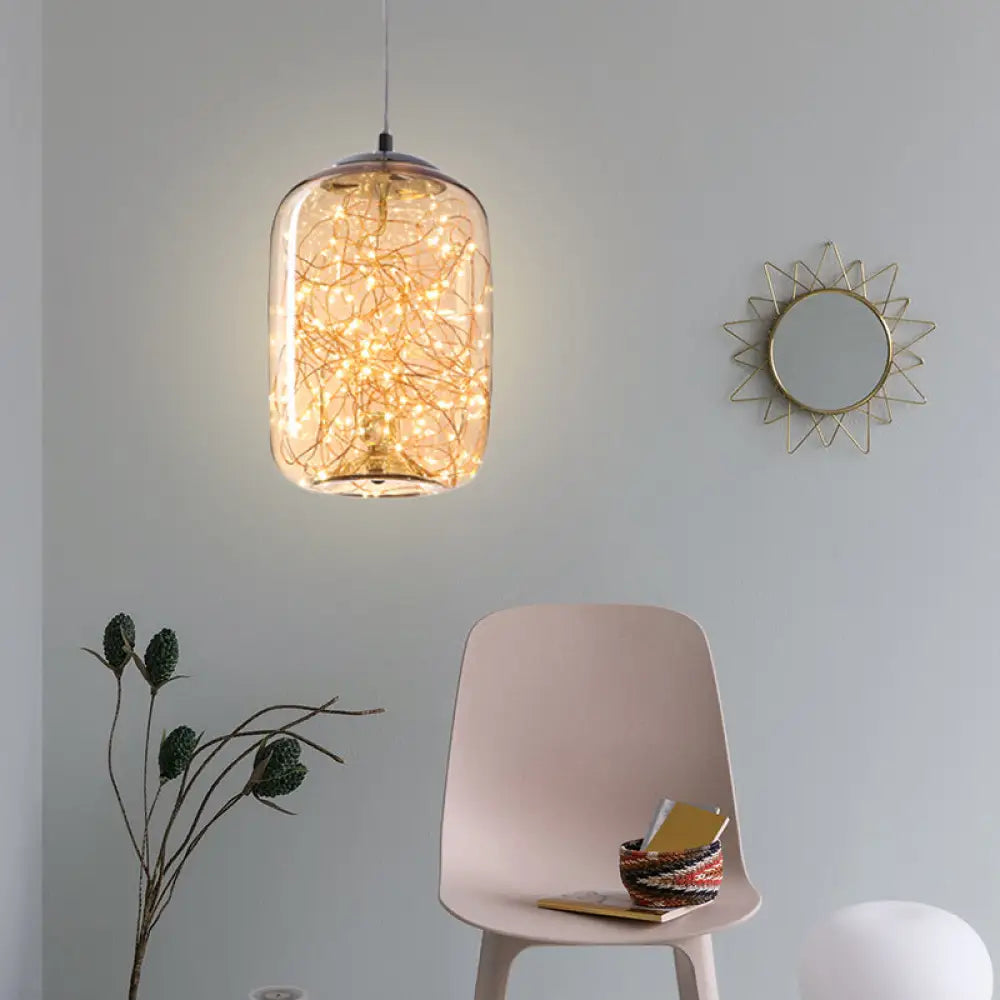 Contemporary LED Pendant Light with Amber/Smoke Grey Glass Globe/Cylinder/Oval - Ideal for Living Room