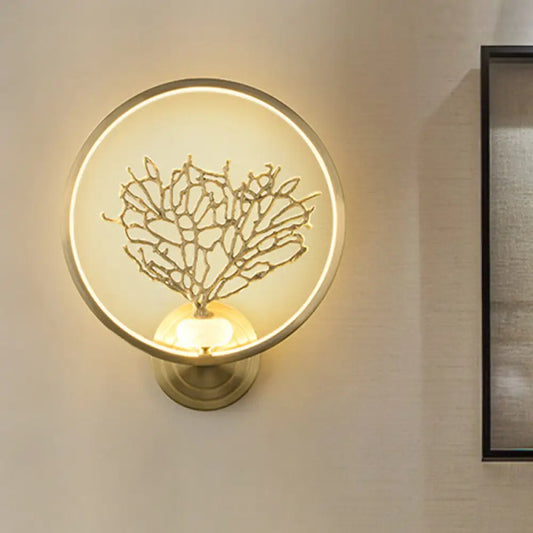 Contemporary LED Wall Mount Light with Gold Metallic Tree Design and Glowing Hook