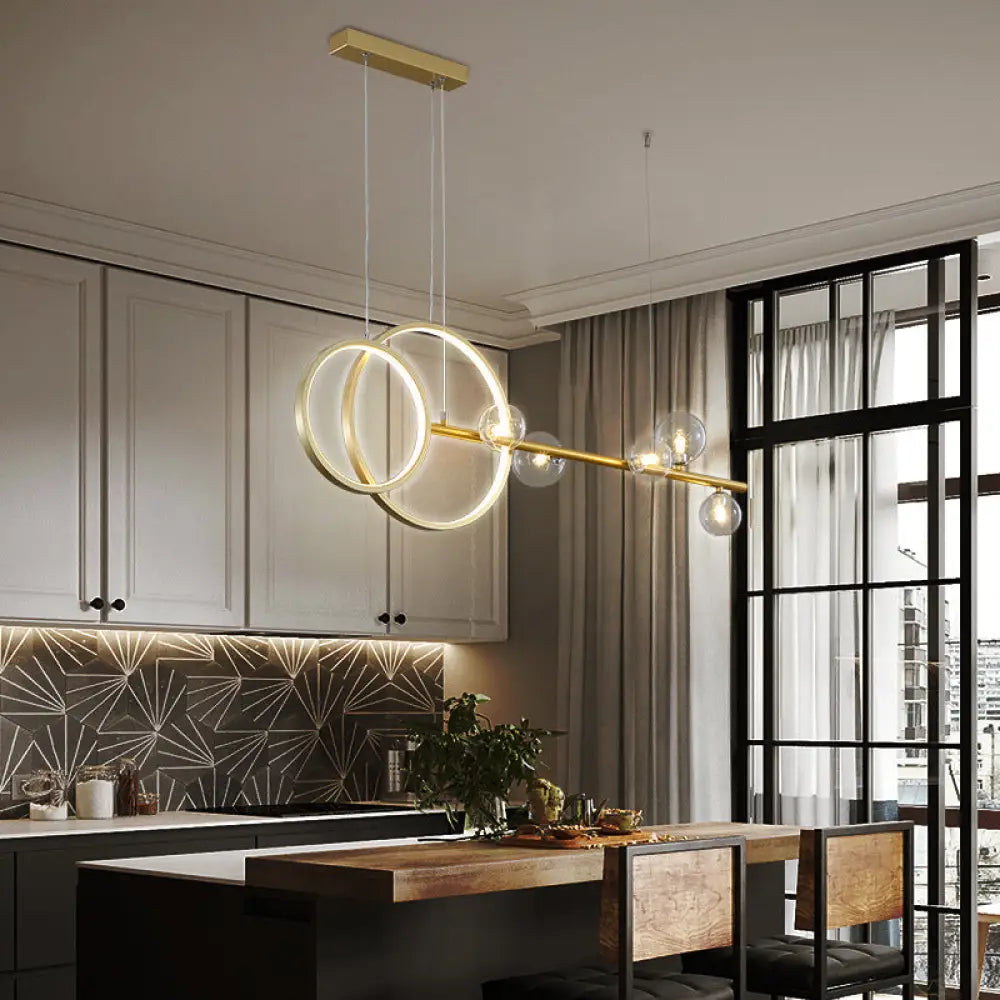 DecorBites™ Contemporary Linear and Ring LED Pendant Light for Dining Room - Metal Hanging Island Light with Clear Glass Shade