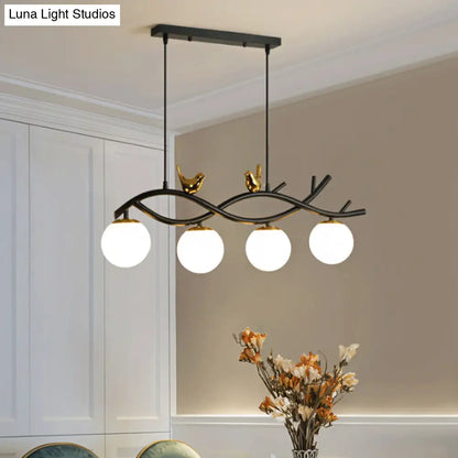 DecorBites™ Contemporary Linear/Branch Dining Room Island Lamp - Cream Glass Ball, 4 Heads, Hanging Pendant with Bird Deco (Black-Gold)