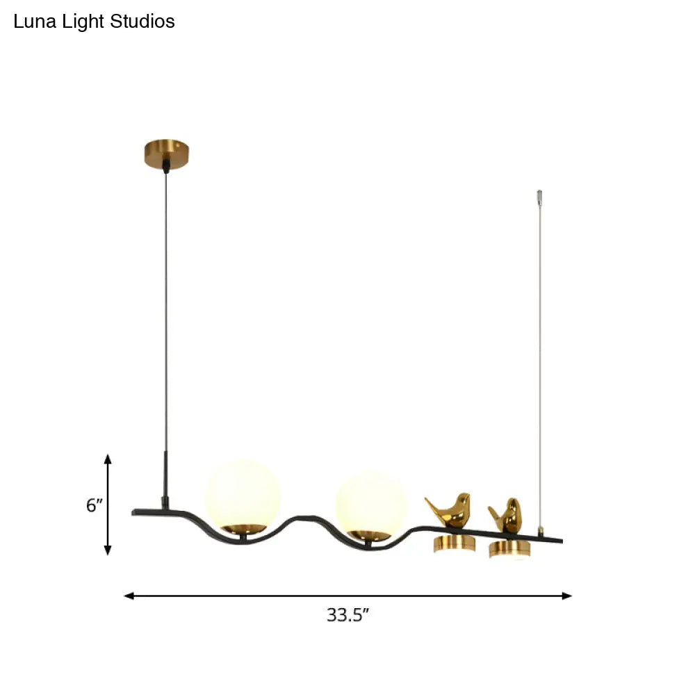 DecorBites™ Contemporary Linear/Branch Dining Room Island Lamp - Cream Glass Ball, 4 Heads, Hanging Pendant with Bird Deco (Black-Gold)