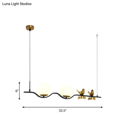 DecorBites™ Contemporary Linear/Branch Dining Room Island Lamp - Cream Glass Ball, 4 Heads, Hanging Pendant with Bird Deco (Black-Gold)