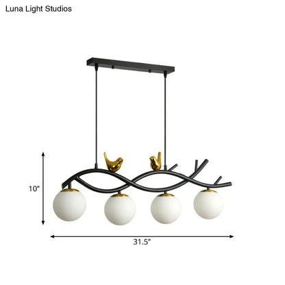 DecorBites™ Contemporary Linear/Branch Dining Room Island Lamp - Cream Glass Ball, 4 Heads, Hanging Pendant with Bird Deco (Black-Gold)