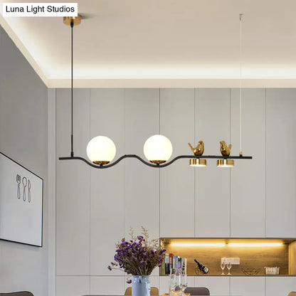 DecorBites™ Contemporary Linear/Branch Dining Room Island Lamp - Cream Glass Ball, 4 Heads, Hanging Pendant with Bird Deco (Black-Gold)