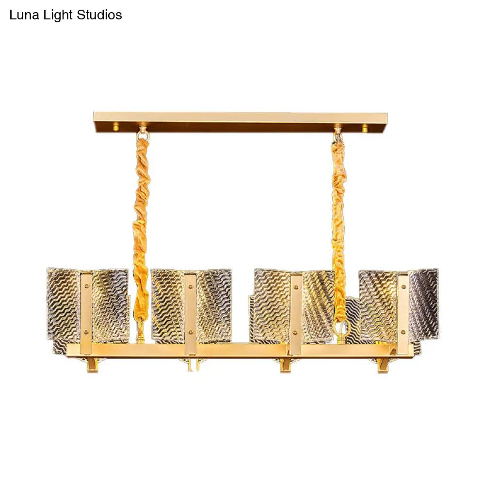 DecorBites™ Contemporary Linear Chandelier: Brass Finish, Square Glass Panel, 8-Light Hanging Lamp
