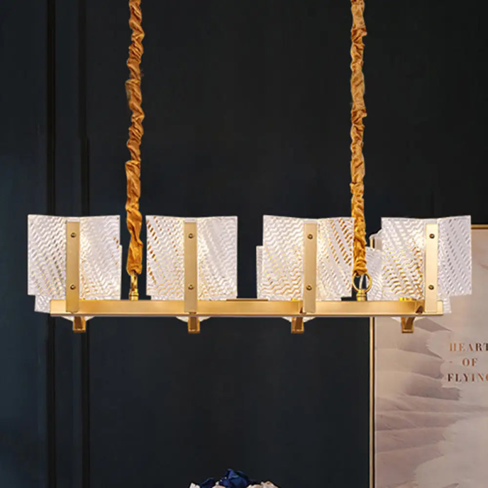 DecorBites™ Contemporary Linear Chandelier: Brass Finish, Square Glass Panel, 8-Light Hanging Lamp