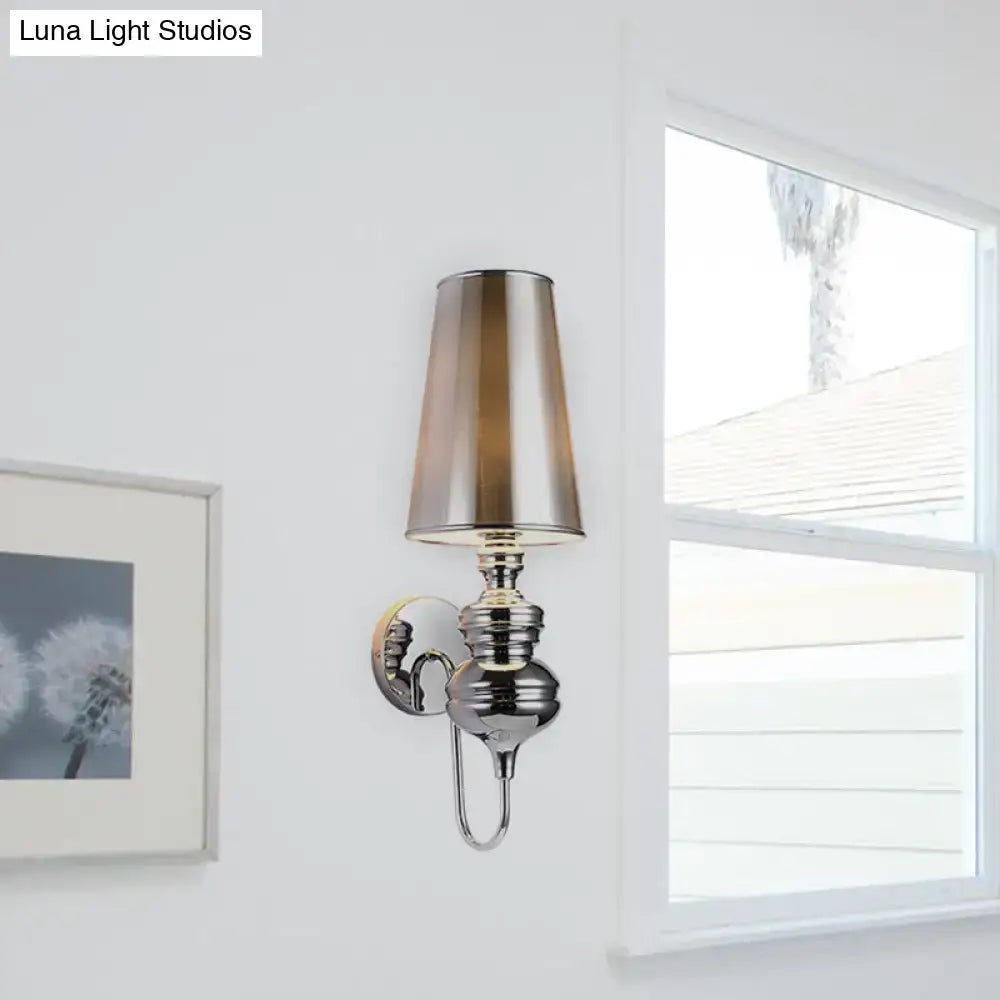 Contemporary chrome finish wall mount light with tapered brushed metallic shade for bedroom fabric sconce
