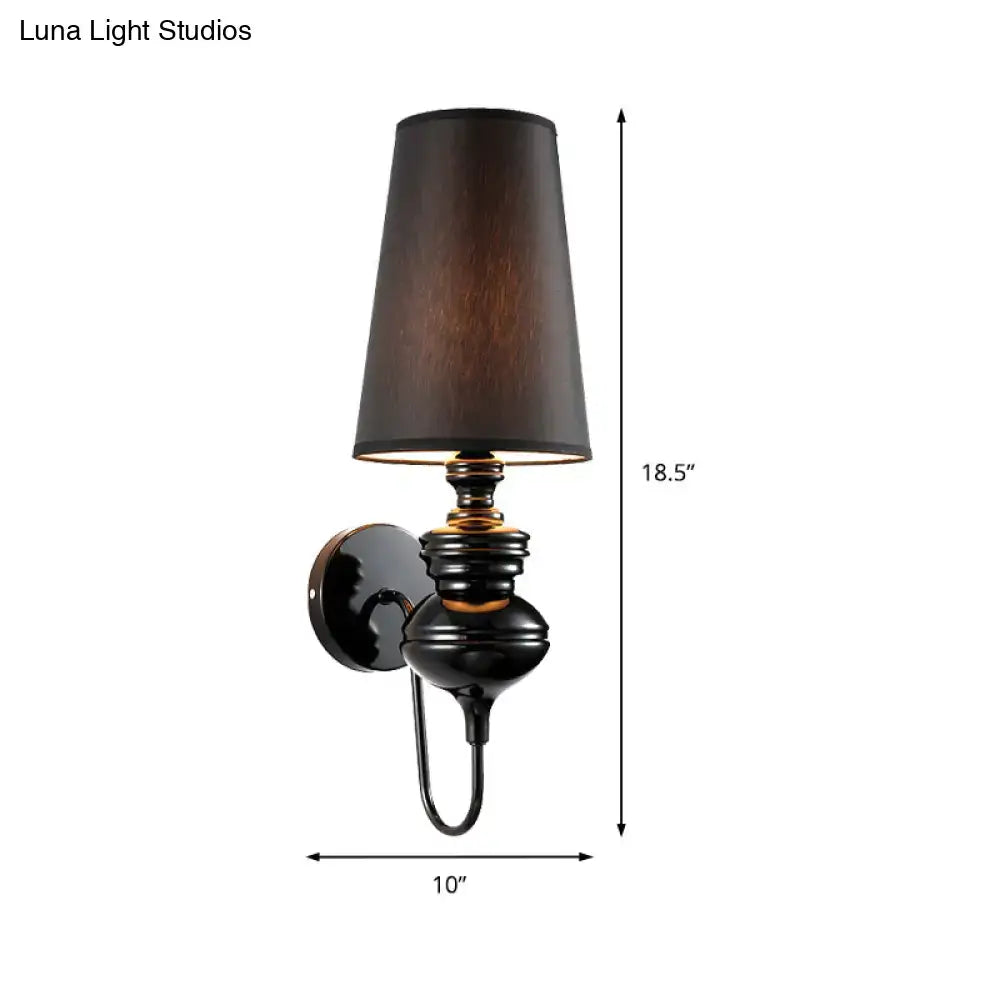 Contemporary matte black wall mount light with black wrought iron mount and dark brown fabric shade for bedroom use