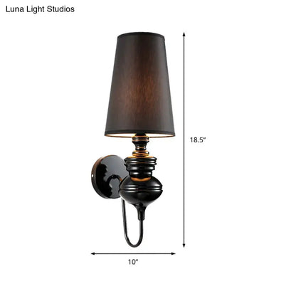Contemporary matte black wall mount light with black wrought iron mount and dark brown fabric shade for bedroom use