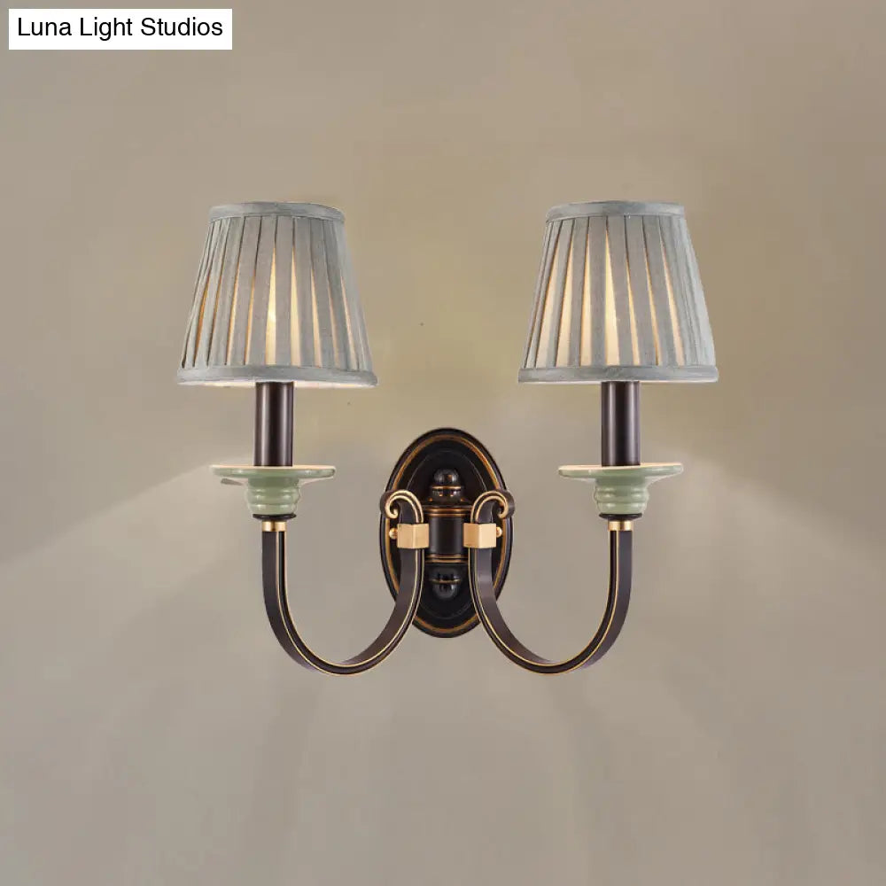 DecorBites™ DecorBites™ Contemporary Metal Arched Wall Light: 1 Head Black Sconce with Tapered Pleated Fabric Shade