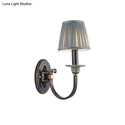 DecorBites™ DecorBites™ Contemporary Metal Arched Wall Light: 1 Head Black Sconce with Tapered Pleated Fabric Shade