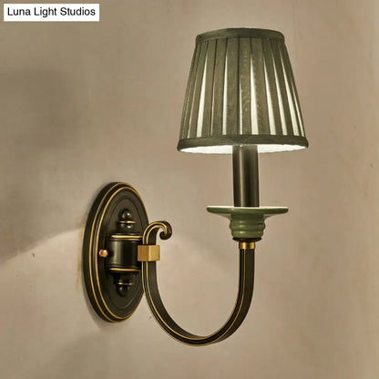 DecorBites™ DecorBites™ Contemporary Metal Arched Wall Light: 1 Head Black Sconce with Tapered Pleated Fabric Shade