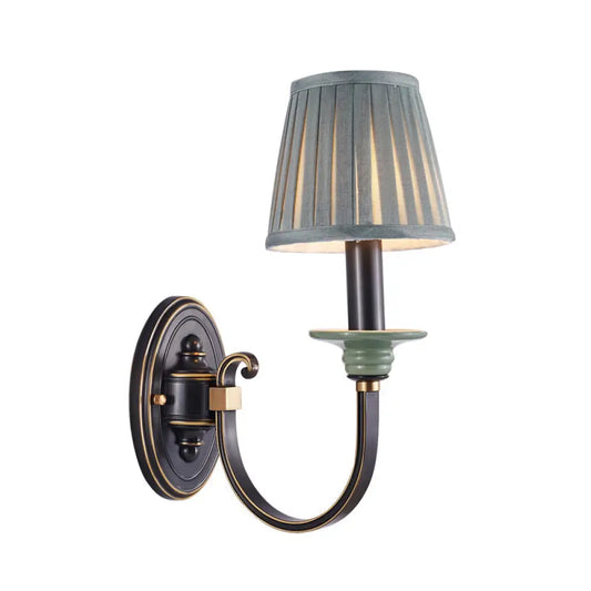 DecorBites™ DecorBites™ Contemporary Metal Arched Wall Light: 1 Head Black Sconce with Tapered Pleated Fabric Shade