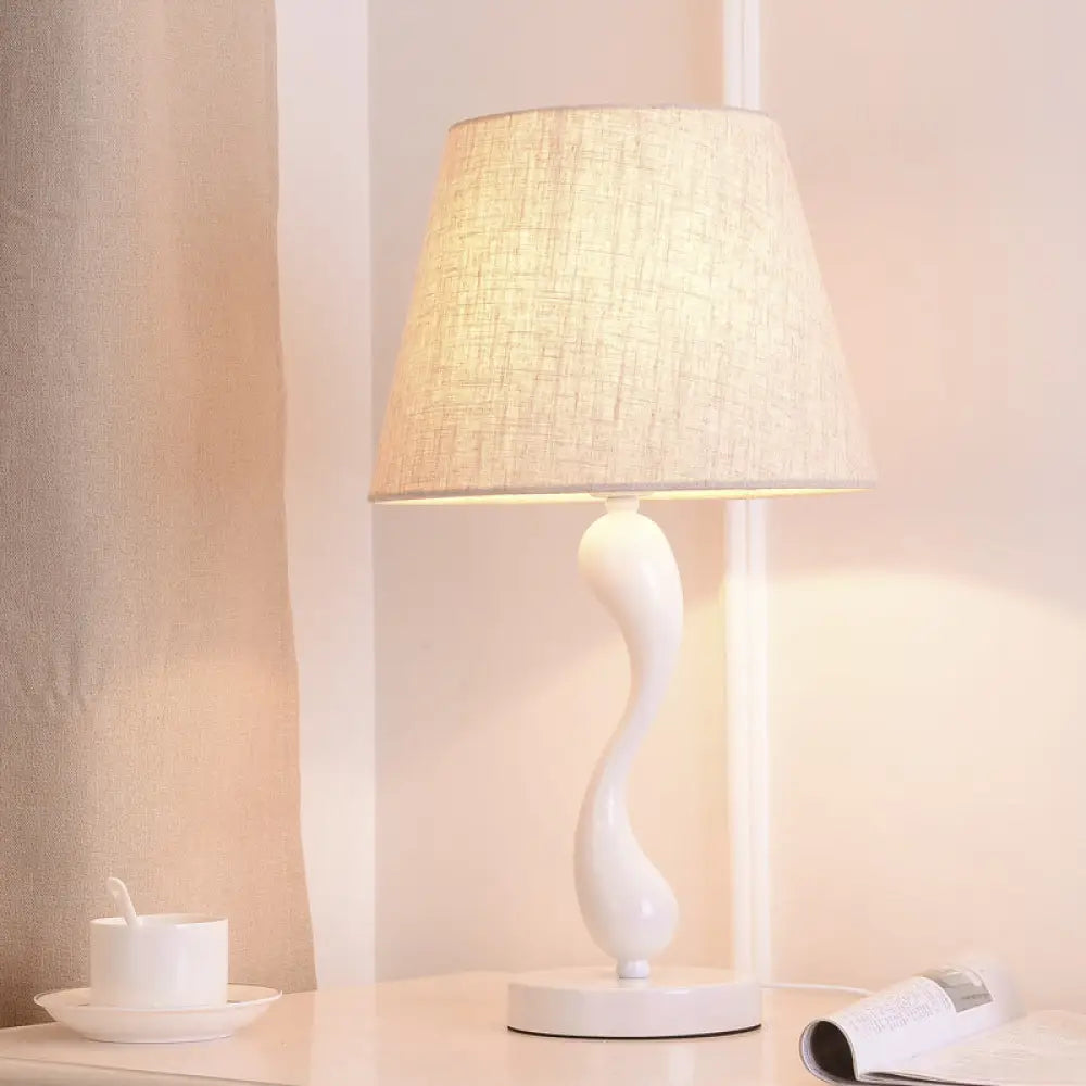 Contemporary Metal Bedside Lamp with Waving Nightstand Light, Flaxen Fabric Shade, and 1 Bulb
