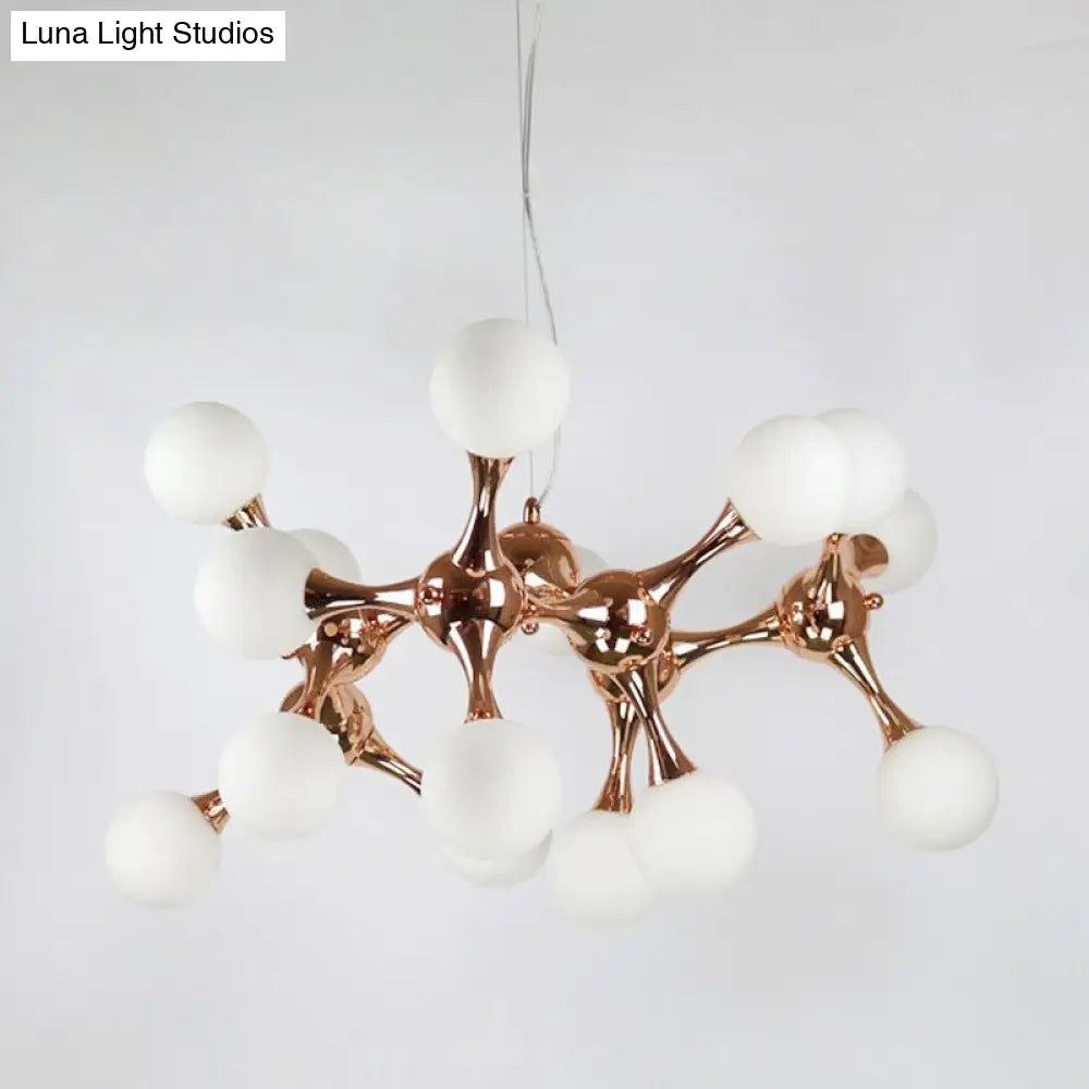 Lámpara de araña contemporánea de metal con 9/15 luces: estilo estrella, acabado en oro rosa, pantalla de cristal blanco con forma de burbuja.