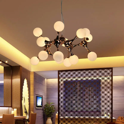 Lámpara de araña contemporánea de metal con 9/15 luces: estilo estrella, acabado en oro rosa, pantalla de cristal blanco con forma de burbuja.