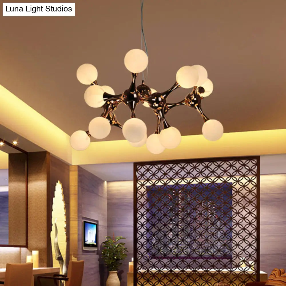 Lámpara de araña contemporánea de metal con 9/15 luces: estilo estrella, acabado en oro rosa, pantalla de cristal blanco con forma de burbuja.