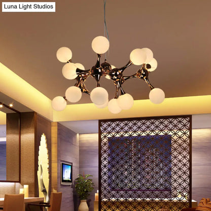 Lámpara de araña contemporánea de metal con 9/15 luces: estilo estrella, acabado en oro rosa, pantalla de cristal blanco con forma de burbuja.