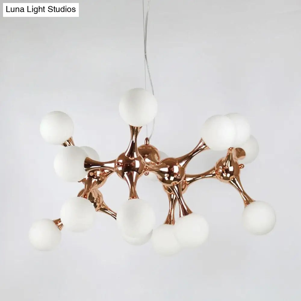 Lámpara de araña contemporánea de metal con 9/15 luces: estilo estrella, acabado en oro rosa, pantalla de cristal blanco con forma de burbuja.