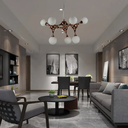 Lámpara de araña contemporánea de metal con 9/15 luces: estilo estrella, acabado en oro rosa, pantalla de cristal blanco con forma de burbuja.