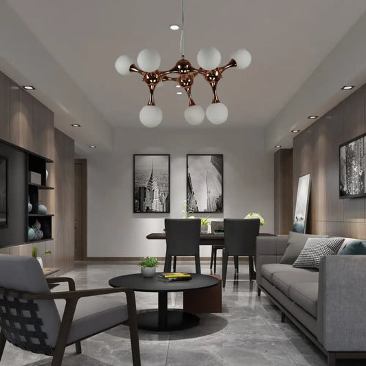 Lámpara de araña contemporánea de metal con 9/15 luces: estilo estrella, acabado en oro rosa, pantalla de cristal blanco con forma de burbuja.