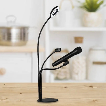 مصباح دائري معدني معاصر من DecorBites™ مزود بإضاءة LED USB ودعم للهاتف المحمول - لمسة نهائية سوداء أنيقة