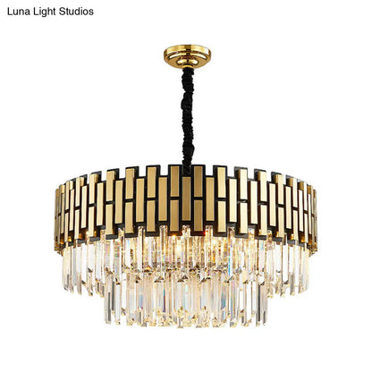 Lámpara de araña colgante contemporánea de metal con pantalla redonda y cristal facetado - Lámpara colgante dorada