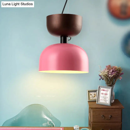 Contemporary Metal Pendant Light in Pink/Green- Single Head Domed Design