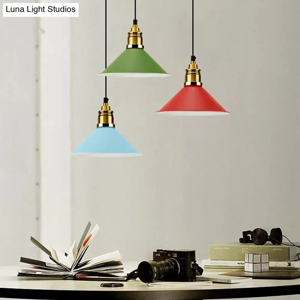 Contemporary Metal Pendant Light with Adjustable Cord - Yellow/Blue/Green Tapered Shade - Ideal for Living Room - 1 Bulb Hanging Light