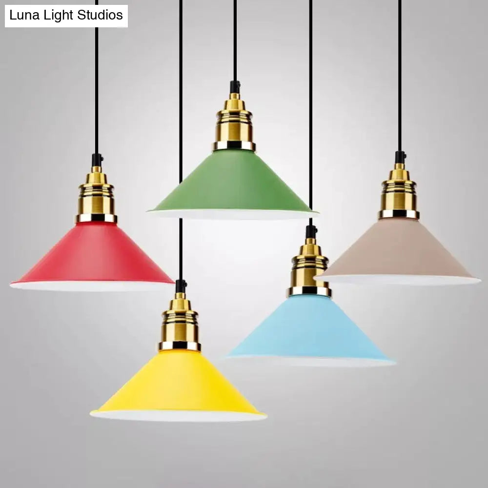 Contemporary Metal Pendant Light with Adjustable Cord - Yellow/Blue/Green Tapered Shade - Ideal for Living Room - 1 Bulb Hanging Light