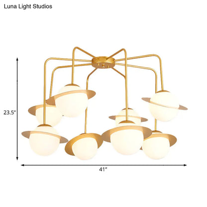 Lámpara de techo radial contemporánea de metal con 8 luces - Lámpara de techo LED dorada/cromada con pantalla de globo de cristal