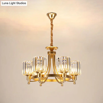 Lámpara de techo colgante redonda contemporánea de metal - Lámpara de techo dorada con pantalla de prismas de cristal cilíndricos (3/6 bombillas)