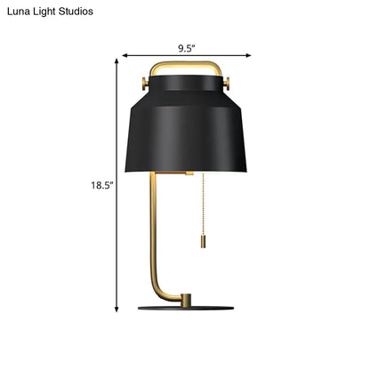 Contemporary Metal Tapered Drum Table Lamp in Black with Pull Chain - Perfect Bedroom Night Lighting