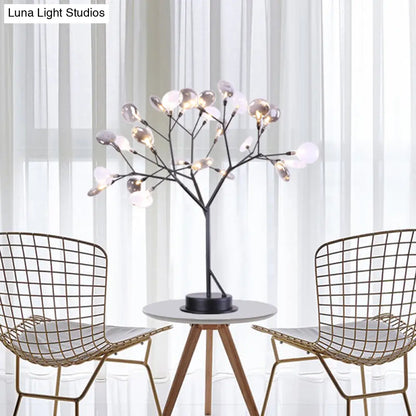 Contemporary Metallic Branch Desk Light: 27-Light Black LED Table Lamp with Smoke Gray Glass Shade