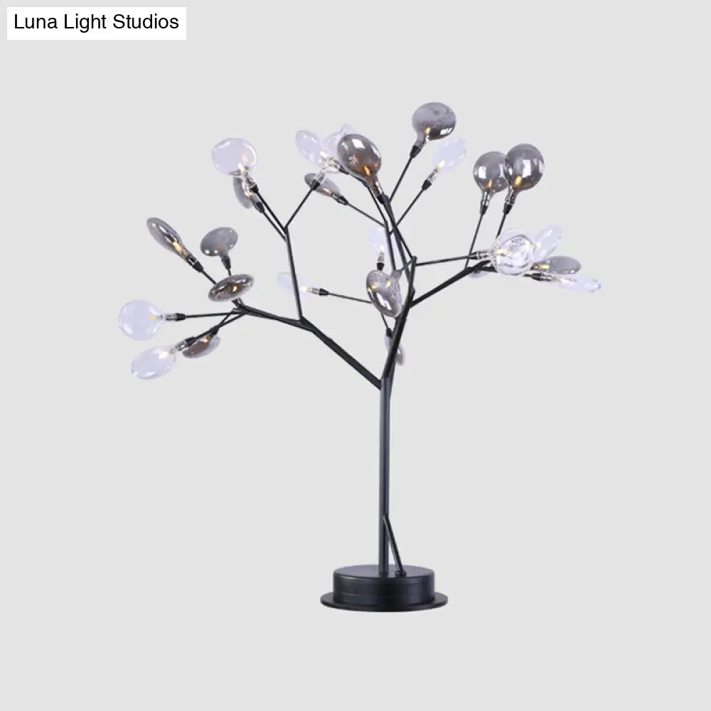 Contemporary Metallic Branch Desk Light: 27-Light Black LED Table Lamp with Smoke Gray Glass Shade