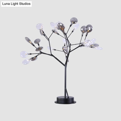 Contemporary Metallic Branch Desk Light: 27-Light Black LED Table Lamp with Smoke Gray Glass Shade
