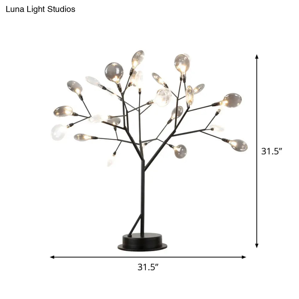 Contemporary Metallic Branch Desk Light: 27-Light Black LED Table Lamp with Smoke Gray Glass Shade