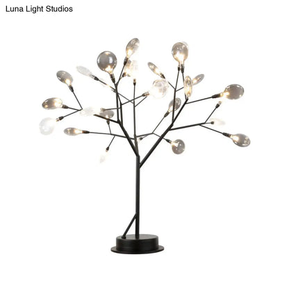 Contemporary Metallic Branch Desk Light: 27-Light Black LED Table Lamp with Smoke Gray Glass Shade