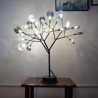 Contemporary Metallic Branch Desk Light: 27-Light Black LED Table Lamp with Smoke Gray Glass Shade