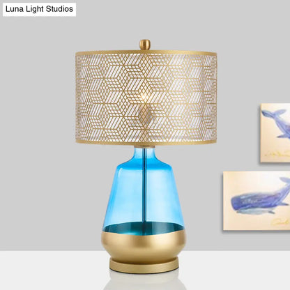Contemporary Metallic Gold Drum Shade Table Light: Small Desk Lamp for Bedroom