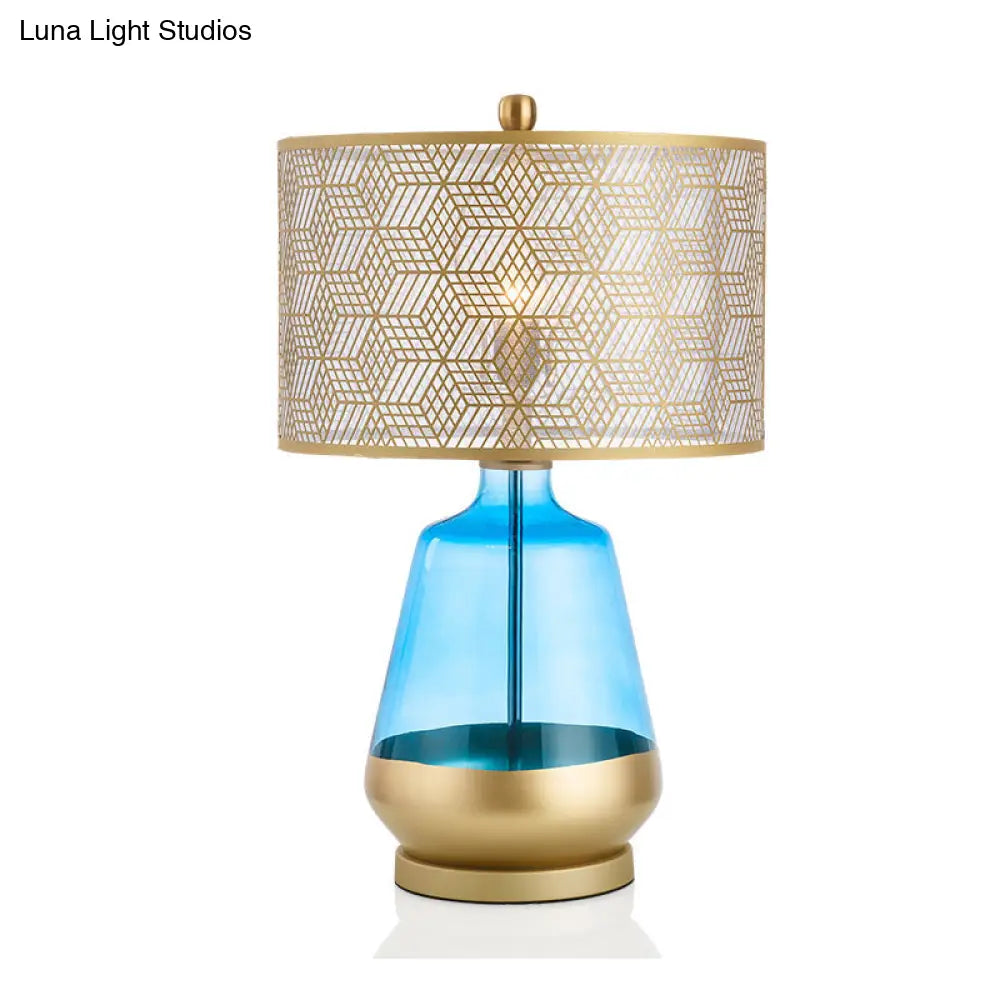 Contemporary Metallic Gold Drum Shade Table Light: Small Desk Lamp for Bedroom
